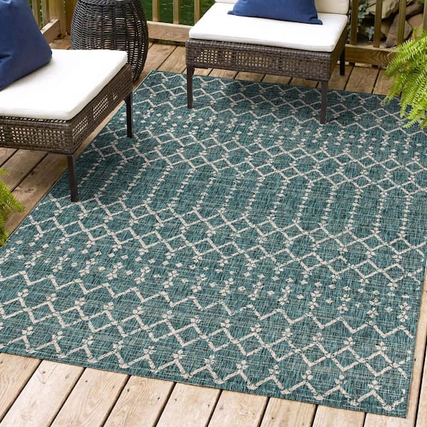 Ourika Moroccan Geometric Textured Weave Teal/Gray 9 ft. x 12 ft. Indoor/Outdoor Area Rug