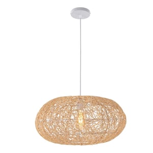 40-Watt 1-Light Wood Color Classic Pendant Light with Rattan-Woven Shade and Adjustable Height, No Bulbs Included