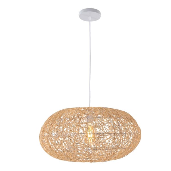 OUKANING 40-Watt 1-Light Wood Color Classic Pendant Light with Rattan-Woven Shade and Adjustable Height, No Bulbs Included