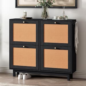 Rattan Boho Style 41.7 in. W x 37.1 in. H Black Shoe Storage Cabinet with 4 Flip Drawers and 3 Hooks