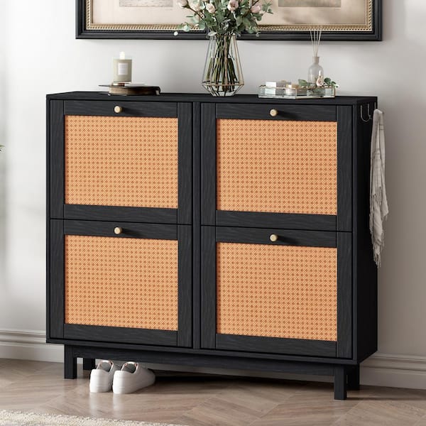 Harper & Bright Designs Rattan Boho Style 41.7 in. W x 37.1 in. H Black Shoe Storage Cabinet with 4 Flip Drawers and 3 Hooks