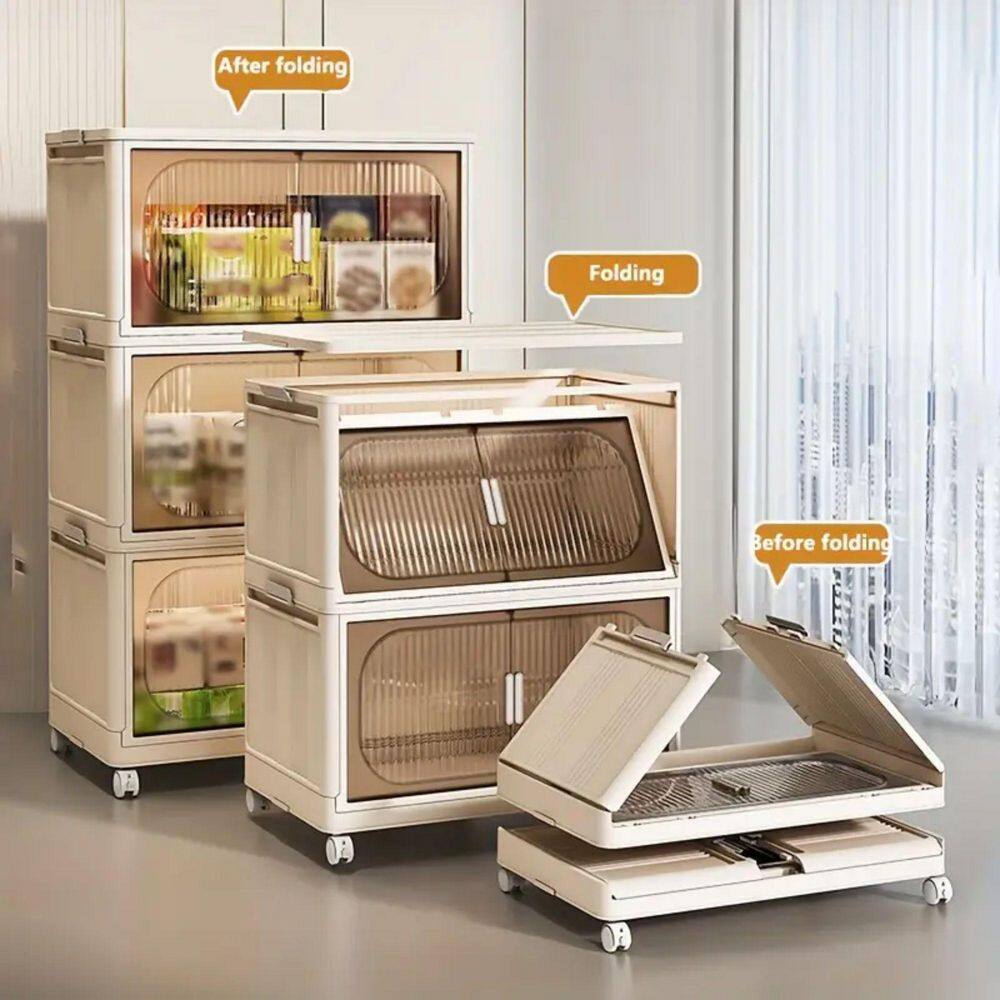 White 40.55 in. H 4 Tiers Folding Collapsible Storage Cabinet with Magnetic Door, Plastic Storage Cabinet with Wheels