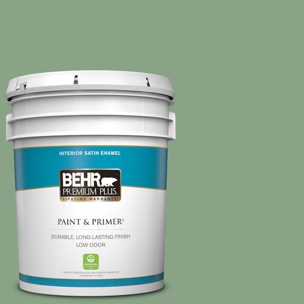 BEHR PREMIUM PLUS 5 gal. #S400-5 Gallery Green Satin Enamel Low Odor Interior Paint & Primer