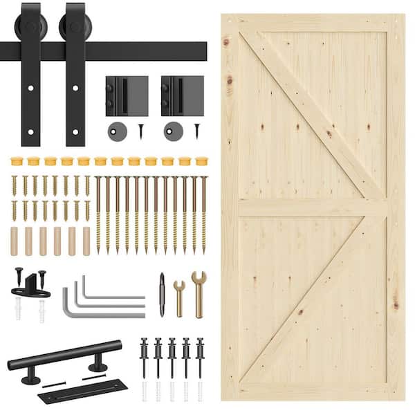 40 in. x 84 in. 2 Panel Unfinished Solid Wood Pine Sliding Barn Door with Hardware Kit 1-Pack