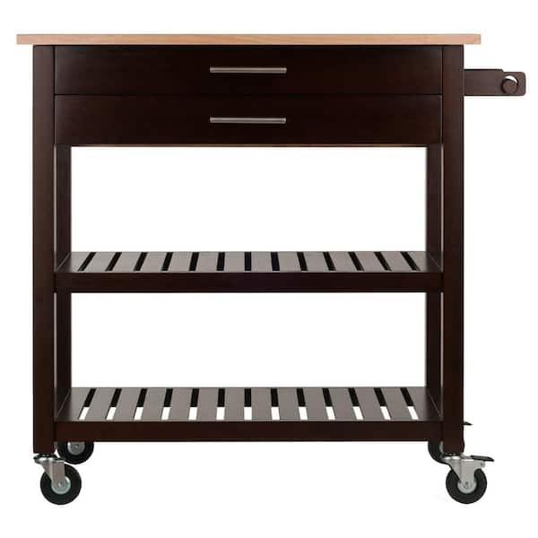 WINSOME WOOD Langdon Cappuccino Kitchen Cart with Natural Wood Top