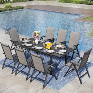 9-Piece Metal Patio Outdoor Dining Set with Rectangle Extensible Table and Padded Folding Sling Chair