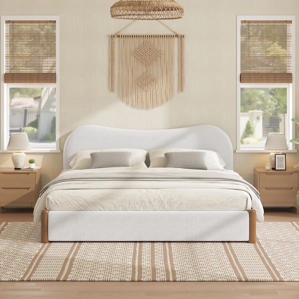White Wood Frame Queen Size Platform Bed with Wood Supporting Feet