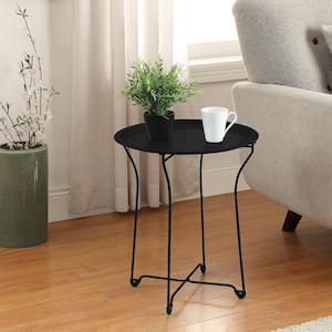 Round Black Metal Tray End Side Table, Removable Tray Coffee Table, Telephone Table for Outdoor and Indoor Porch