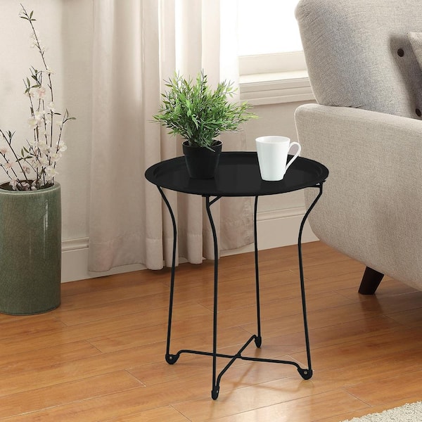 Zeus & Ruta Round Black Metal Tray End Side Table, Removable Tray Coffee Table, Telephone Table for Outdoor and Indoor Porch
