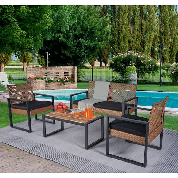 Unbranded 4-Piece PE Wicker Outdoor Bistro Modern Patio Furniture Set with Acacia Wood Table, Black Seat Cushions Plus Light Brown