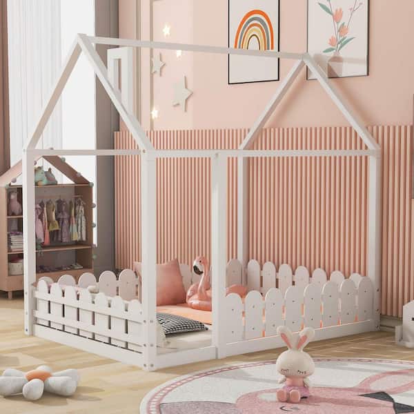Full Size White House Bed for Kids, Low Floor House Bed with Fence-Shaped Guardrails, Wood Kids House Full Bed Frame