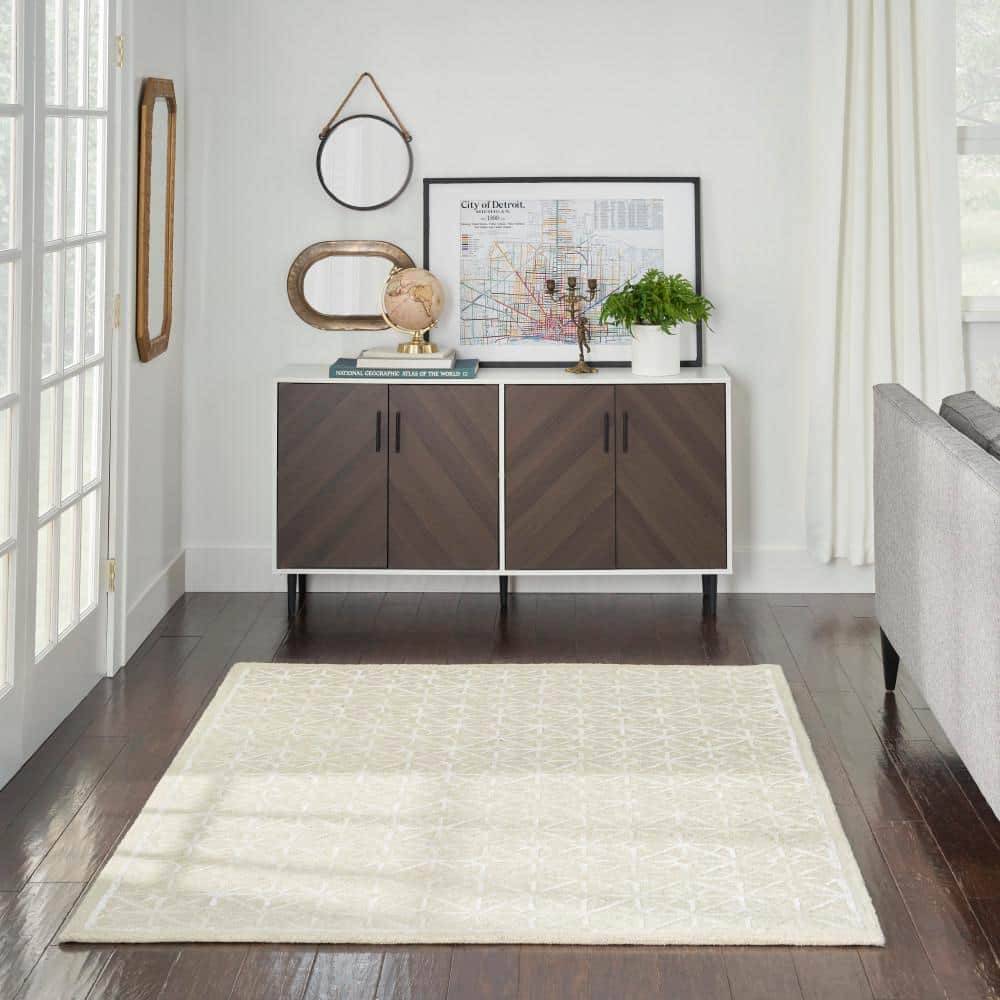 Ivory Geometric Tufted Wool 5' x 7' Handmade Rug