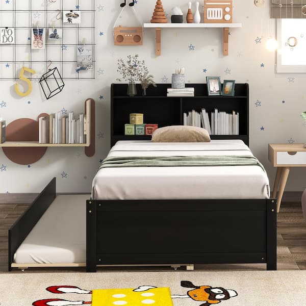 Brown Platform Bed with Flat Panel Foot Board and Twin Size Trundle Bed Bookcase
