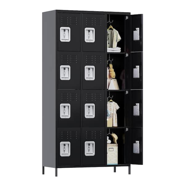 35.43 in. W x 72 in. H x 15.7 in. D Freestanding Cabinets with 12-doors, Wardrobe for School, Home, Gym in Black