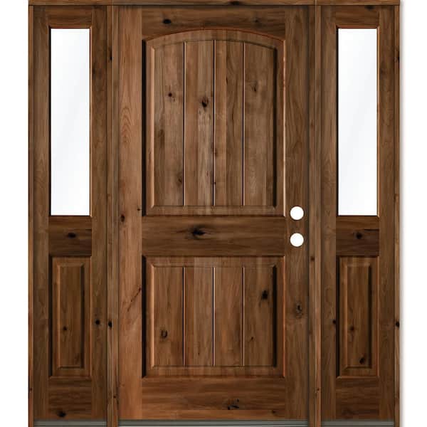 Krosswood Doors 58 in. x 80 in. Rustic Alder Arch Provincial Stained Wood with V-Groove Left Hand Single Prehung Front Door