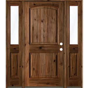 60 in. x 80 in. Rustic Alder Arch Provincial Stained Wood with V-Groove Left Hand Single Prehung Front Door