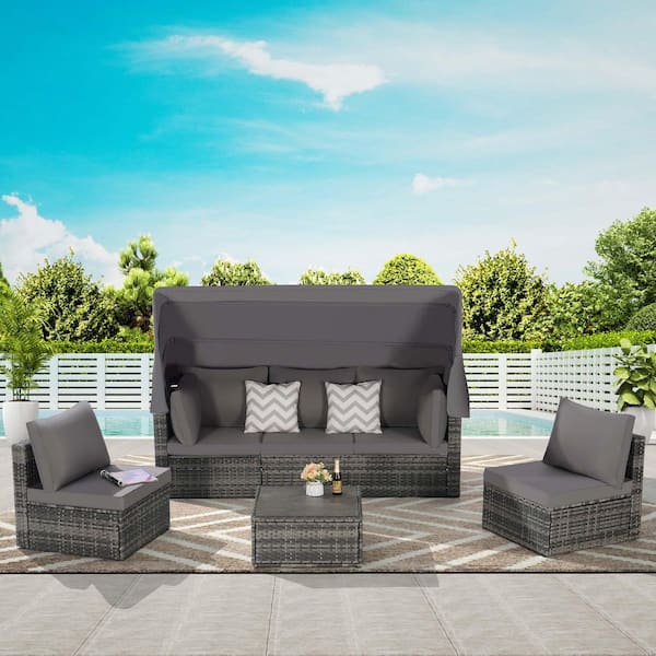 Zeus & Ruta 5-Piece Gray Wicker Outdoor Patio Day Bed Furniture Set with Retractable Canopy Side Table and Dark Gray Cushions