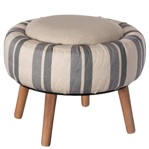 Modern Striped Round Fabric Ottoman with Inner Storage, Papasan Chair White and Blue