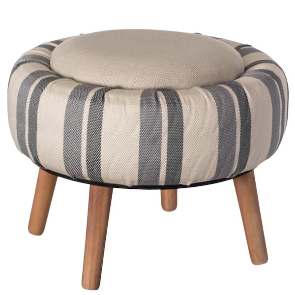 FABULAXE Modern Striped Round Fabric Ottoman with Inner Storage, Papasan Chair White and Blue