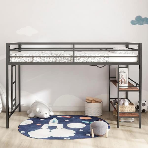 Ferna Ladder Twin Junior Loft Bunk Bed with Shelves, Metal, Black Cinnamon