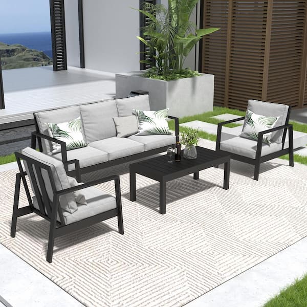 5-Person Aluminum Outdoor Sofa Seating Group With Light Gray Cushions