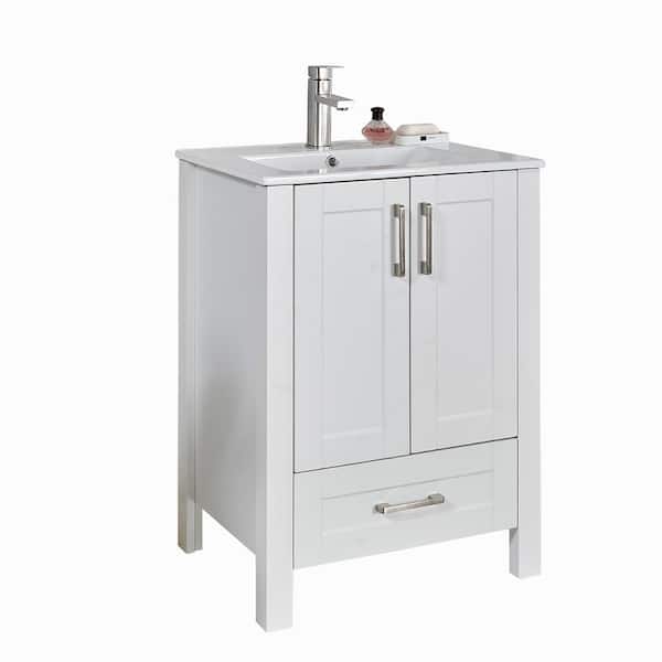 VC CUCINE 24 in. W x 18 in. D x 32 in. H Single Sink White Free-standing Modern Bathroom Vanity in White with Ceramic
