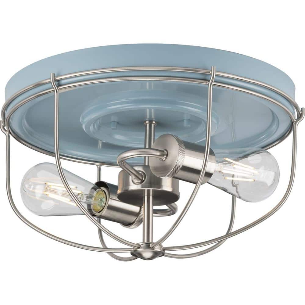 Coastal Blue Steel Open-Cage Flush Mount Ceiling Light