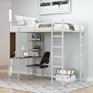 Silver Twin Size Metal Loft Bed with Brown Built-in Desk and 2-Shelves, 2-Ladders