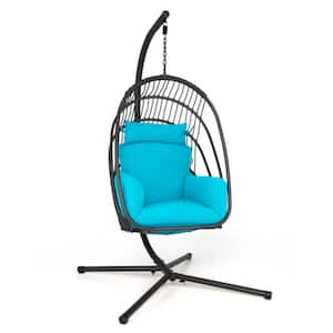 78 in. Free Standing Hanging Folding Egg Chair with Stand Soft Cushion Pillow Swing Hammock in Turquoise