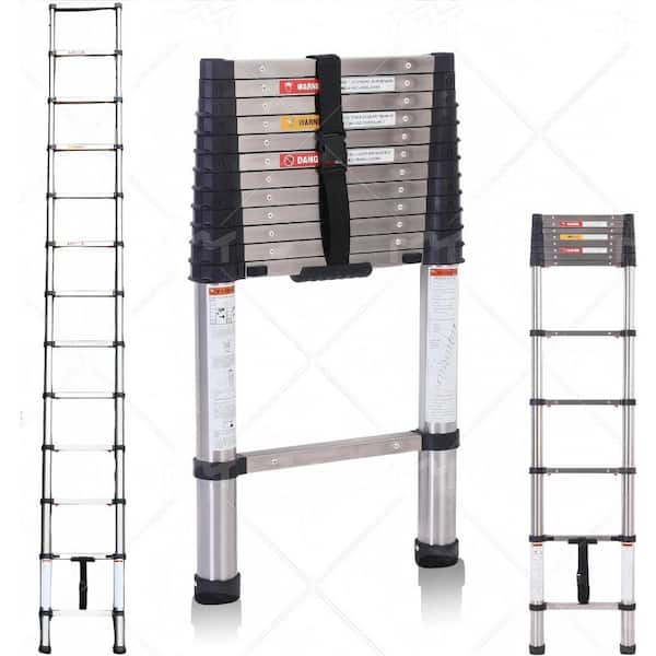 12.5 ft. 1-Button Retraction Stainless Steel Telescoping Extension Ladder, 2-Triangle Stabilizers, 330 lbs. Capacity