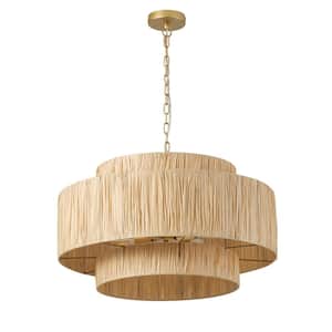 Boho 25.59 in. 4-Light 2-Tier Gold Hand-Woven Rattan Wicker Chandelier with Large Paper Shade