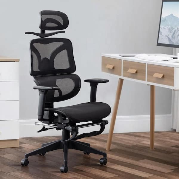 Office Chair Fabric Swivel Ergonomic Swivel Task Chair in Black with Arm, Backrest and Retractable Footrest