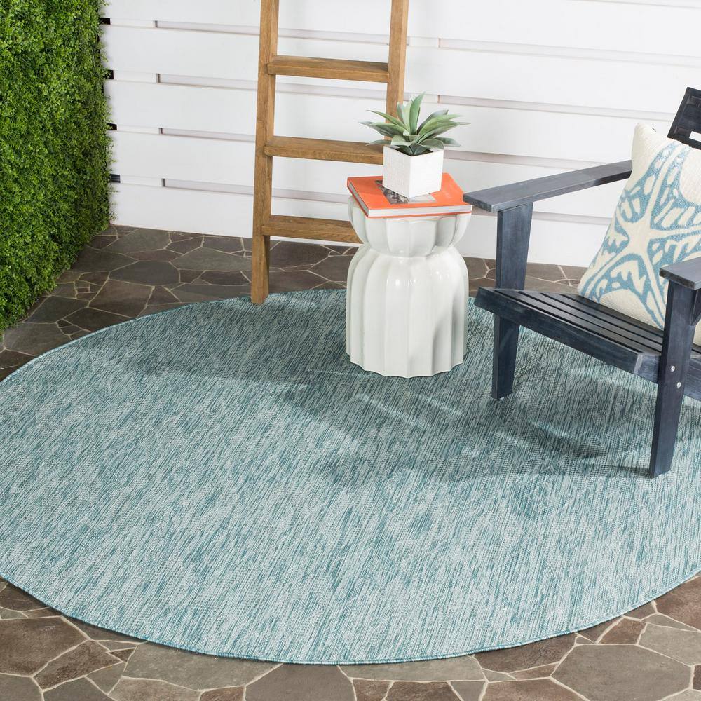 Aqua Blue Round Geometric Synthetic Outdoor Area Rug