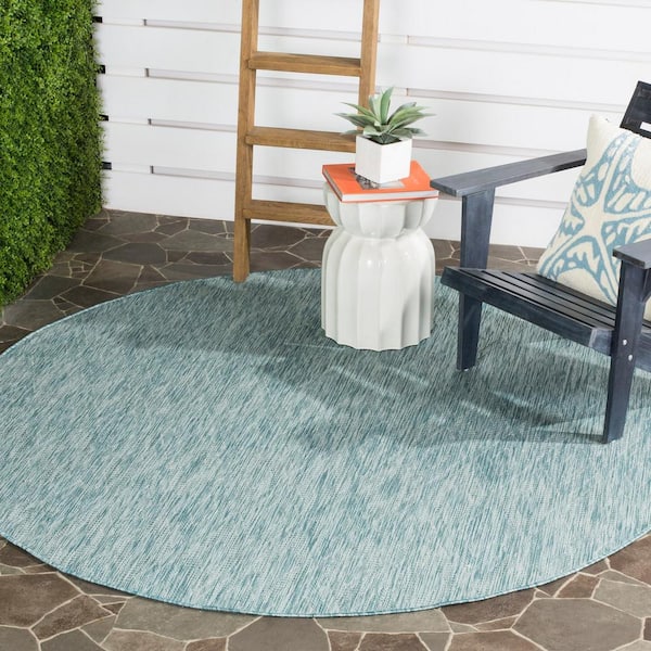 Courtyard Aqua 9 ft. x 9 ft. Round Solid Color Diamond Indoor/Outdoor Area Rug