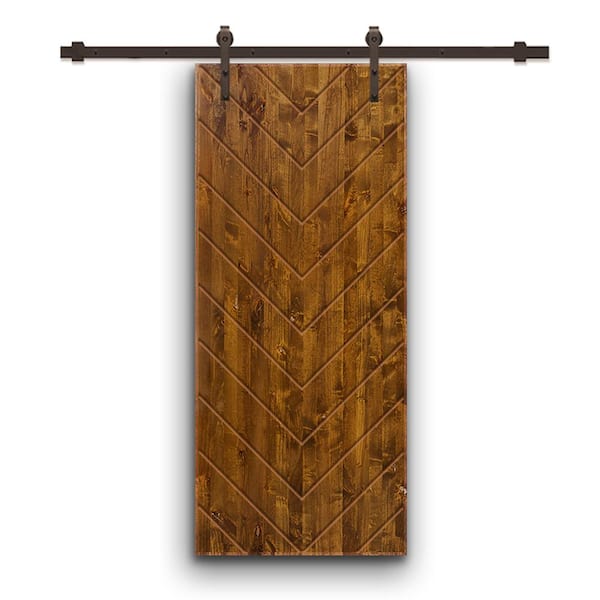 CALHOME Herringbone 42 in. x 84 in. Fully Assembled Walnut Stained Wood Modern Sliding Barn Door with Hardware Kit