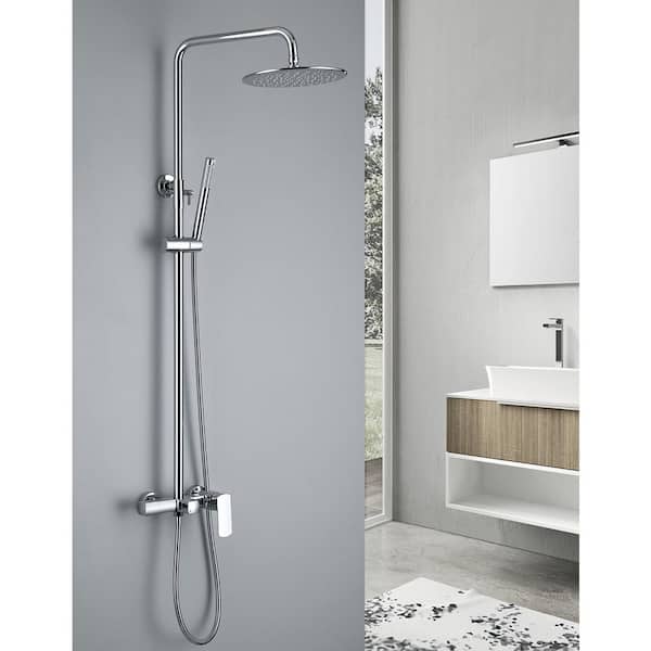 3-Spray Wall Bar Shower Kit Exposed Shower Set with 1.8 GPM Hand Shower and 360° Rotating Tub Faucet in Polished Chrome