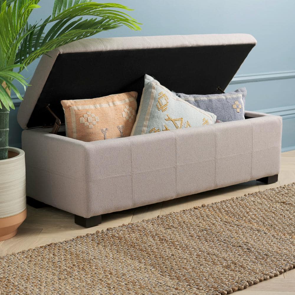 Large Beige Linen Tufted Storage Bench with Black Birch Wood