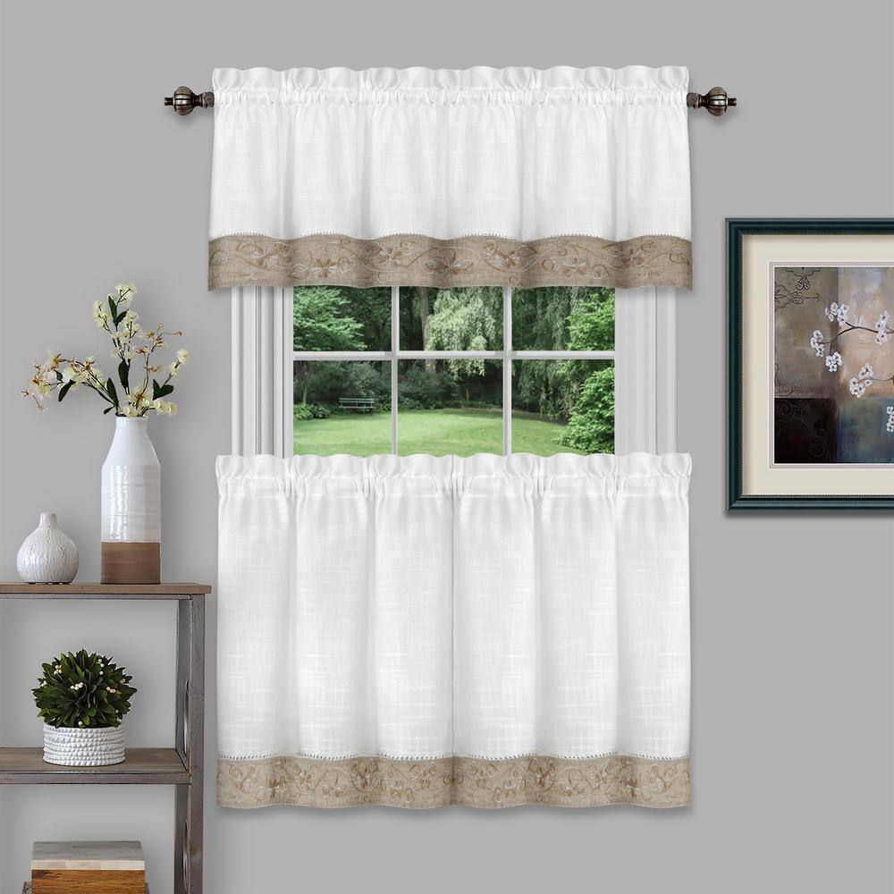 Natural Linen Floral Embroidered Rod Pocket Valance, 58" x 14"