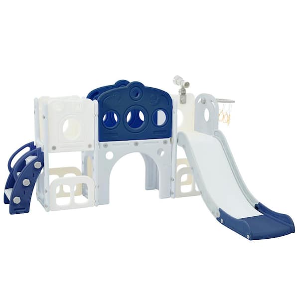 Bon Furni Blue HDPE Indoor and Outdoor Playset with Slide and Basketball Hoop