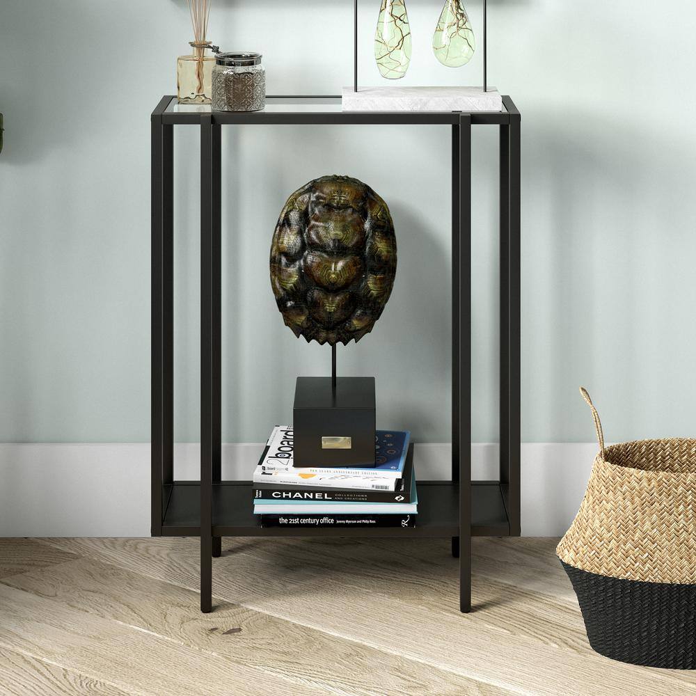 Compact Mid-Century Blackened Bronze and Oak Console Table with Glass Top