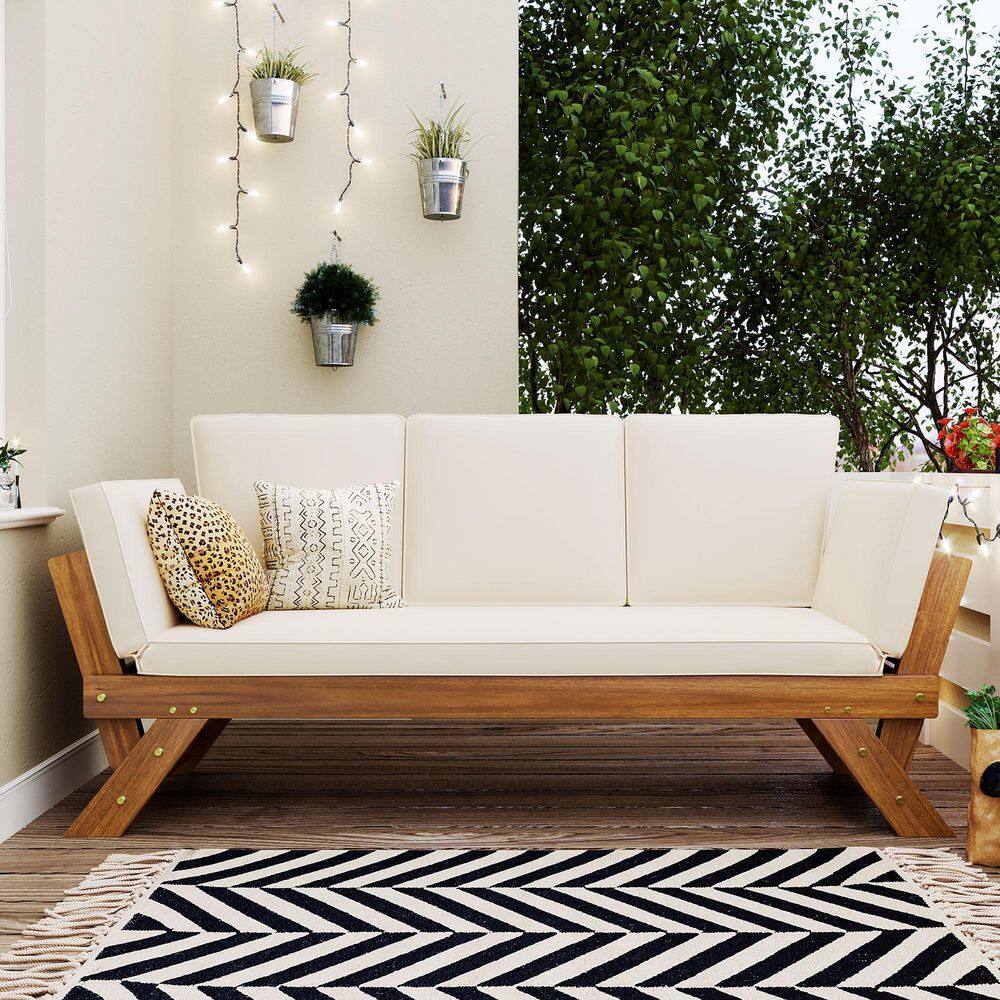 Natural Wood Outdoor Adjustable Daybed Sofa Chaise Lounge with Beige Cushions price history on PriceWatchPro