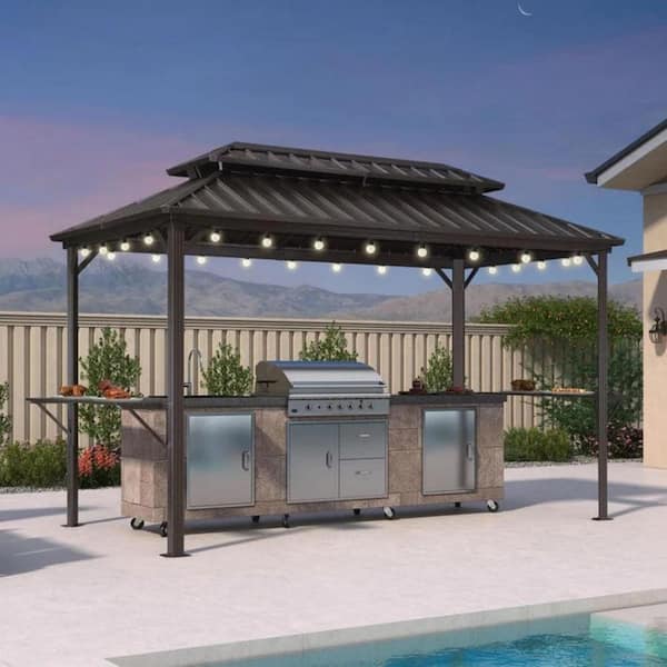 6.5 ft. x 12 ft. Hardtop Grill Gazebo for Patio Aluminum Barbecue Shelter Gazebo w/Hooks,Shelves Double Tiered 24-Lights