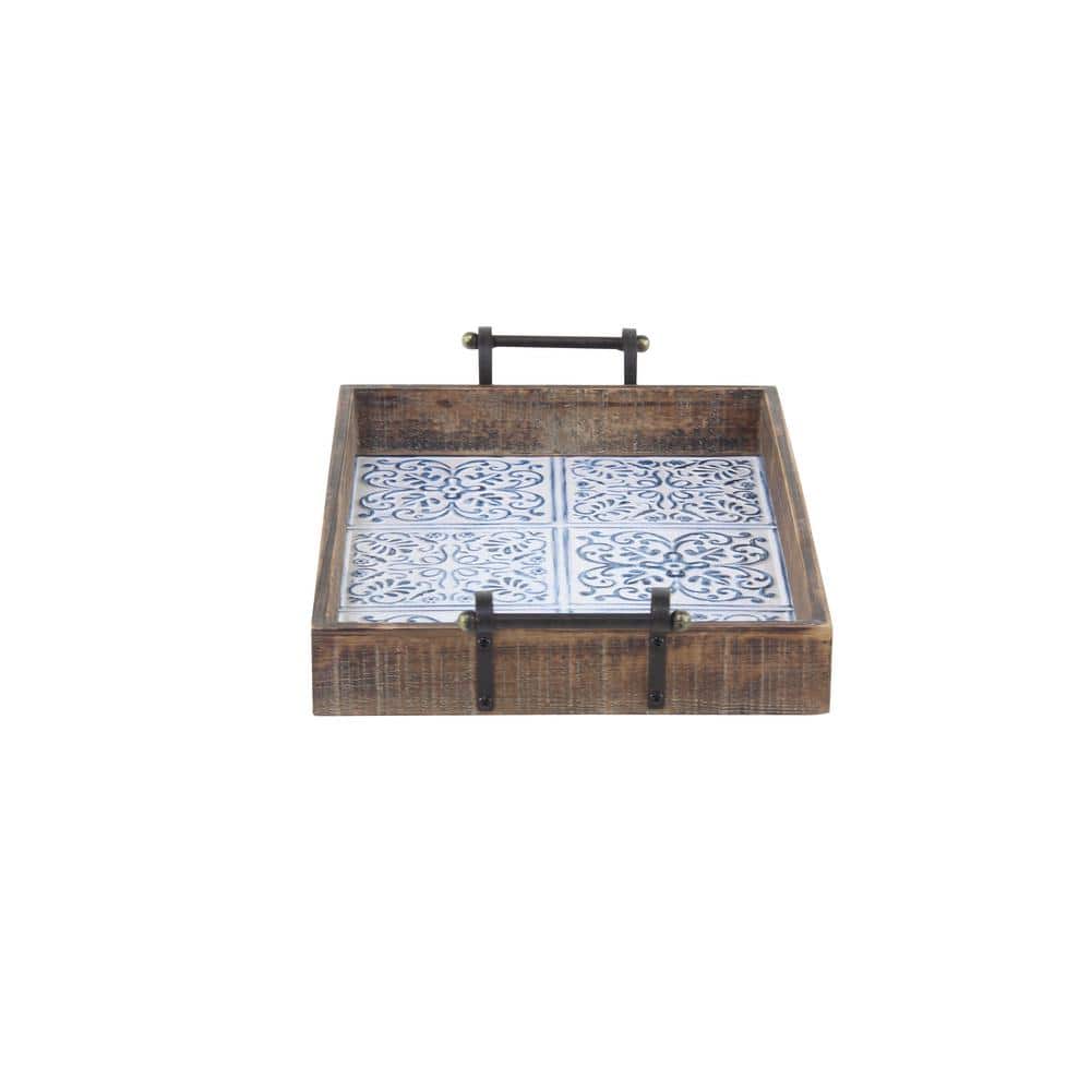 Farmhouse Brown Wood Serving Tray Set with Tile Patterns, 2 Pieces