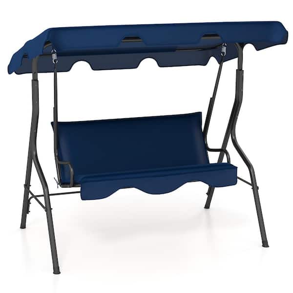 Gymax 3-Person Navy Metal Porch Swing w/Adjustable Canopy Removable Cushion