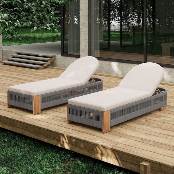 Outdoor Adjustable Chaise Lounge Set of 2 79.5 in. Teak and Grey Acacia Wood and Rope with Natural Iron Frame for Patio
