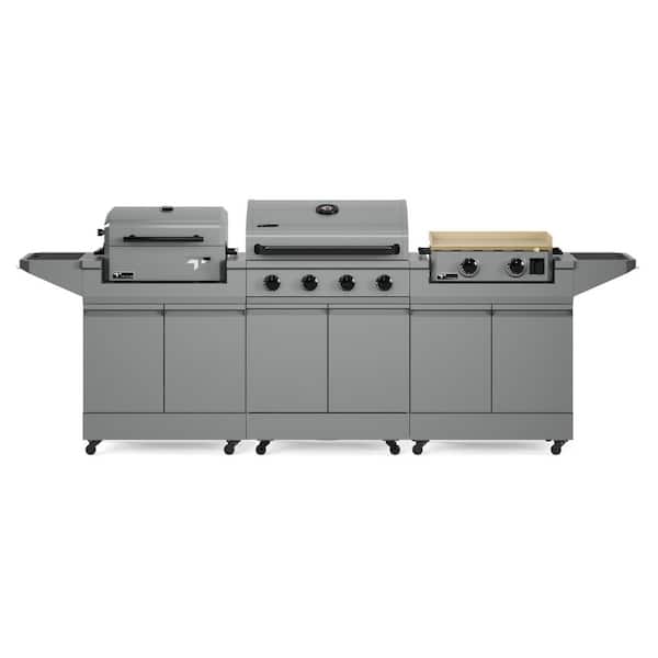 Modular 4-Burner Gas Grill, Charcoal Grill with Cart and 2-Burner Gas Griddle with Cart in Gray