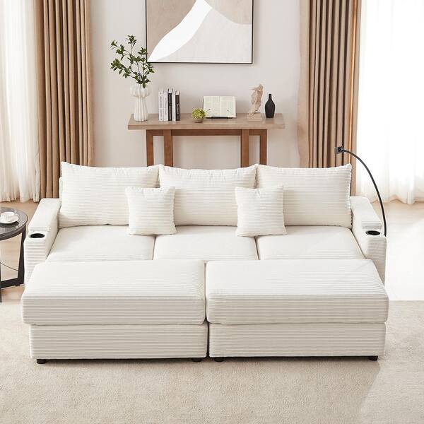 Qualler 95.3 in. 3-piece Corduroy Sectional Sofa in. Beige with 2 Movable Ottomans, 2 USB Ports and 2 Cup Holders
