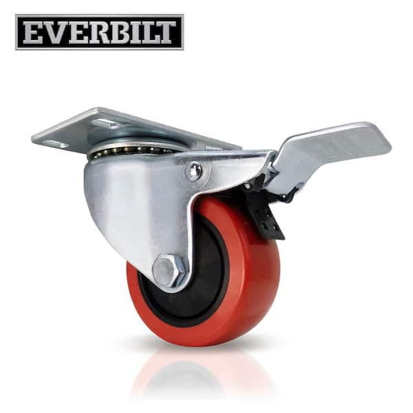 Everbilt 3 in. Red Polyurethane and Steel Swivel Plate Locking Caster Wheel with 175 lb. Load Rating