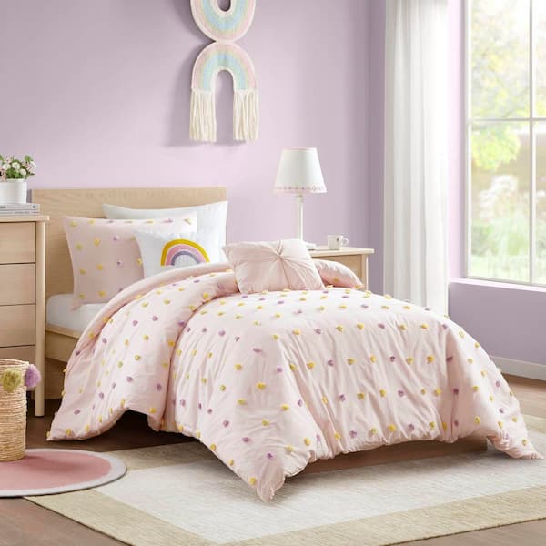Ensley 5-Piece Pink Multi 100% Cotton Full/Queen Cotton Jacquard Pom Pom Comforter Set