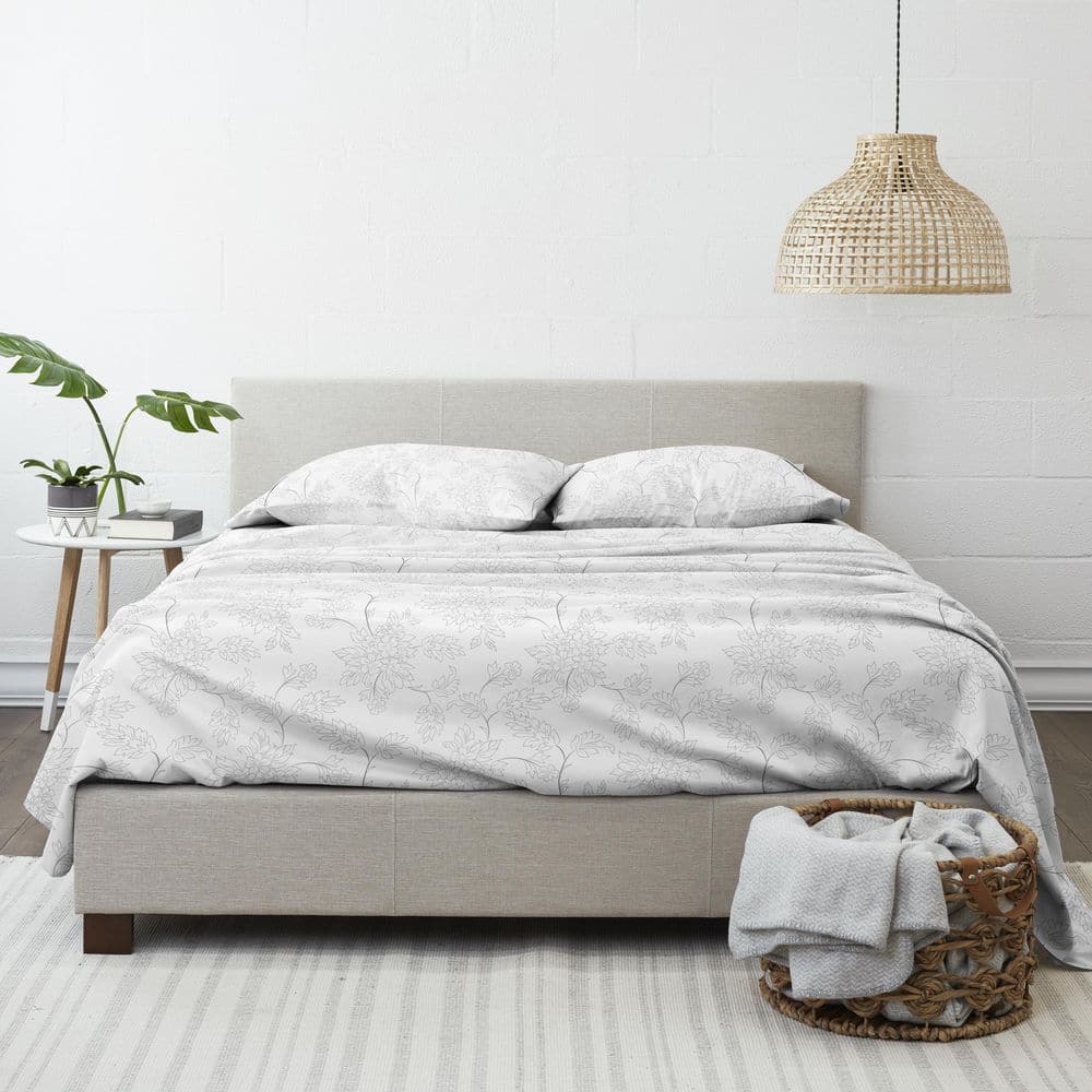 Gray and White Floral Queen Ultra Soft Microfiber Sheet Set